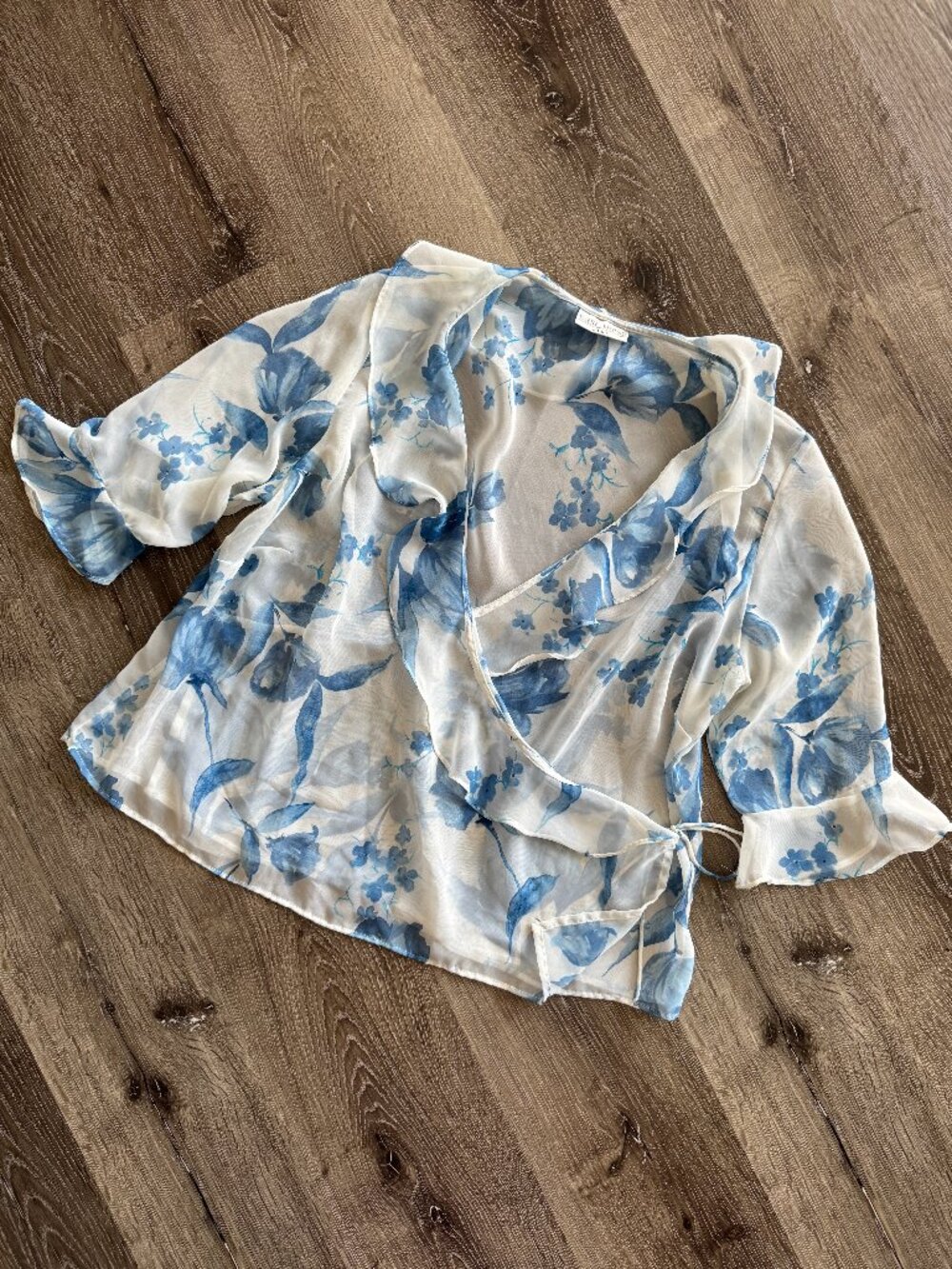 Y2K East West Plus Blue Floral Ruffle Wrap Blouse Sheer